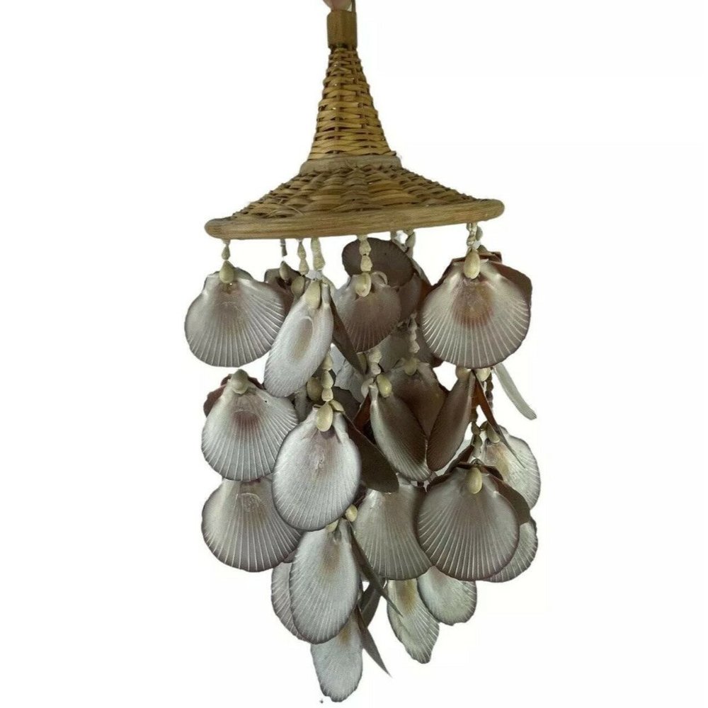 VTG Hanging Scallop Sea Shell Wicker Mobile Wind Chimes Chandelier Boho 19”
